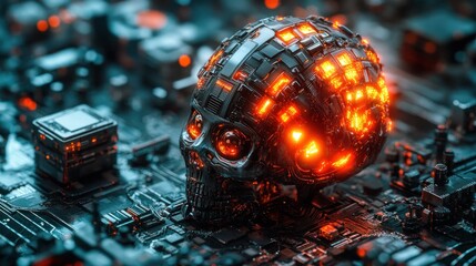 Poster - Cybernetic skull glowing with internal circuitry on a circuit board.