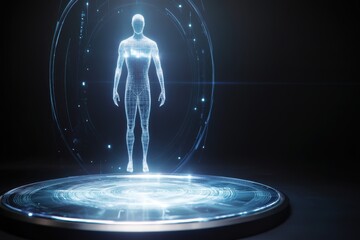Poster - Futuristic humanoid figure in a digital projection with glowing effects and circular design