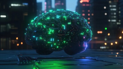 Poster - futuristic brain-shaped object glowing in a city at night.