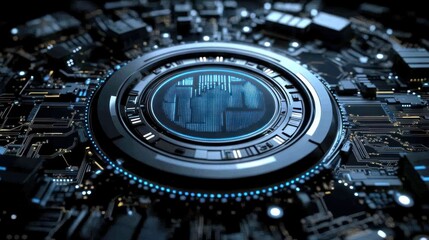 Poster - Futuristic circular technological device with glowing blue accents on a circuit board.
