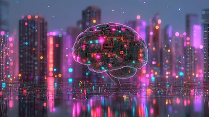 Poster - Futuristic city skyline with a glowing brain circuit board, symbolizing AI and technology.