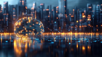 Poster - Futuristic city skyline with glowing digital sphere.