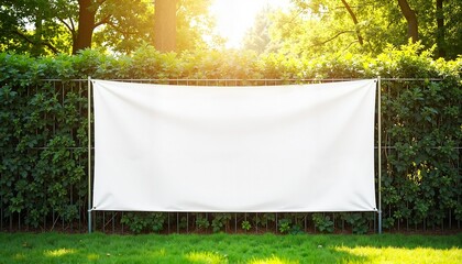 Blank outdoor banner mockup on a green hedge with sunlight in a natural setting