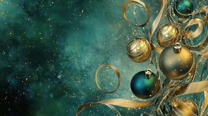 Aufkleber - A festive Christmas abstract featuring shimmering baubles and swirling ribbons on a deep green and gold gradient