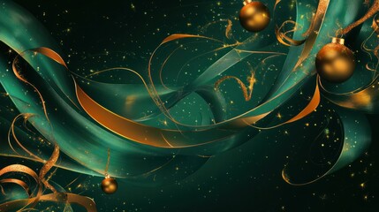 Aufkleber - A festive Christmas abstract featuring shimmering baubles and swirling ribbons on a deep green and gold gradient