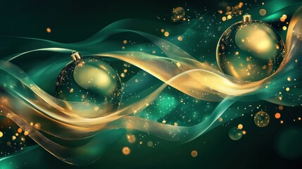 Aufkleber - A festive Christmas abstract featuring shimmering baubles and swirling ribbons on a deep green and gold gradient