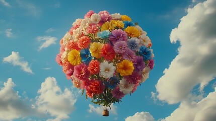 A vibrant hot air balloon made of colorful flowers floating against a bright blue sky.