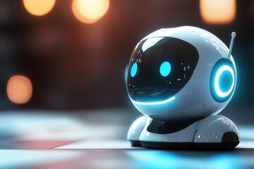Poster - Friendly robot interacting in a modern environment with soft lighting during evening hours