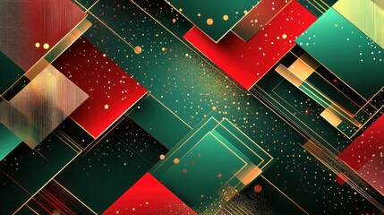 Poster - A modern abstract Christmas background with layered geometric patterns in festive green and red tones, highlighted with gold accents