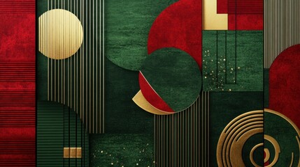 Poster - A modern abstract Christmas background with layered geometric patterns in festive green and red tones, highlighted with gold accents