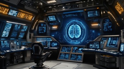 Aufkleber - Futuristic control room interior with holographic brain scan display and numerous monitors showing data.