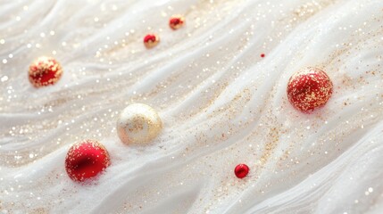 Poster - A soft Christmas abstract with a snowy texture, golden glitter, and subtle red ornaments glowing on a white background