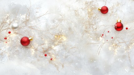 Poster - A soft Christmas abstract with a snowy texture, golden glitter, and subtle red ornaments glowing on a white background
