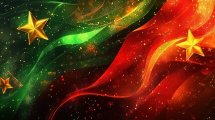 Aufkleber - A vibrant abstract Christmas background with bold red and green textures, glowing golden stars, and festive ribbons