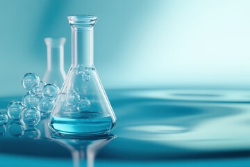 Poster - Laboratory glassware with blue liquid and bubbles on calm water surface