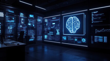Poster - Futuristic control room with holographic brain display and data visualizations.