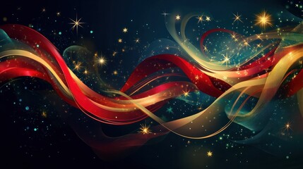 Aufkleber - A vibrant abstract Christmas design with swirling red and golden ribbons and sparkling star patterns on a dark background
