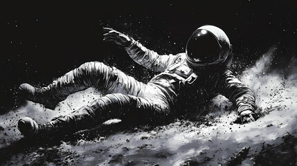 Wall Mural - Astronaut falls on moon's surface, space exploration mission, lunar dust, dramatic scene. Moondust. Illustration