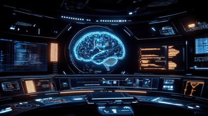 Aufkleber - Futuristic control room with holographic brain display.