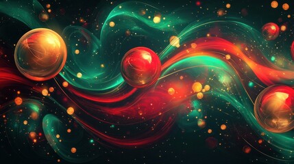 Aufkleber - A vibrant Christmas background with swirling red and green patterns and glowing golden orbs over a dark backdrop