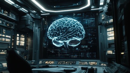 Aufkleber - Futuristic control room with holographic brain projection.