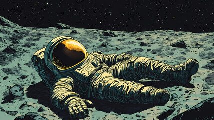 Wall Mural - Astronaut in space suit lying on moon surface with lunar dust and cratered landscape background. Moondust. Illustration