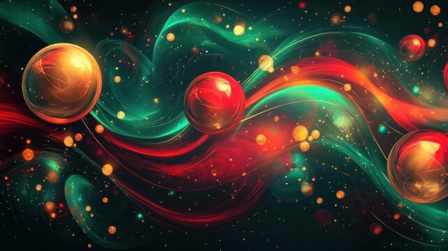 A vibrant Christmas background with swirling red and green patterns and glowing golden orbs over a dark backdrop