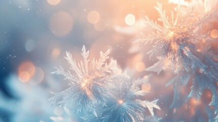 Poster - An elegant Christmas abstract featuring overlapping snowflakes and glowing starbursts on a soft white and blue gradient