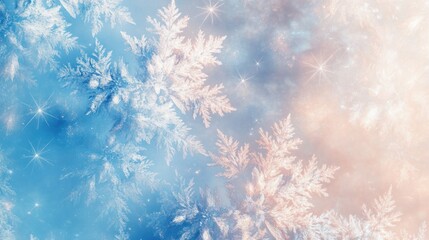 Poster - An elegant Christmas abstract featuring overlapping snowflakes and glowing starbursts on a soft white and blue gradient