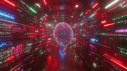 Aufkleber - Futuristic digital brain in a neon-lit server room.