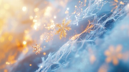 Poster - An ethereal Christmas abstract with icy blue and white gradients, glowing snowflakes, and shimmering golden trails