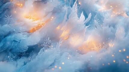 Poster - An ethereal Christmas abstract with icy blue and white gradients, glowing snowflakes, and shimmering golden trails