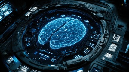 Aufkleber - Futuristic digital brain scan inside technological device.