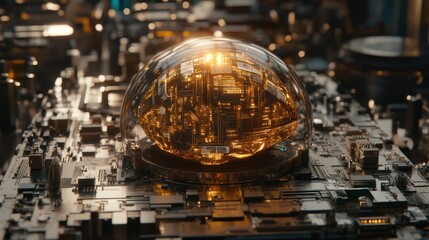 Poster - Futuristic glowing orb encased in glass dome sits atop complex circuit board.
