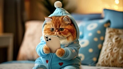 Cute ginger kitten holding smartphone in paws. Funny chubby exotic orange cat with fold face is using smartphone. Kitten dressed lovely pajamas looking at the smartphone screen with attention. Cozy