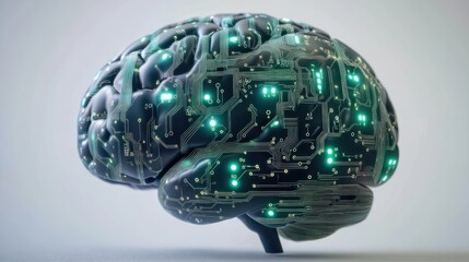 Poster - Futuristic human brain with glowing circuit board texture, representing artificial intelligence, technology, and neurology.