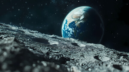 Wall Mural - A close-up view of the earth from the moon's surface, with lunar dust and craters in the foreground, showcasing a vibrant blue earth against the dark void of space. Moondust. Illustration