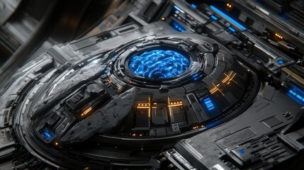 Poster - Futuristic metallic device with glowing blue brain inside.