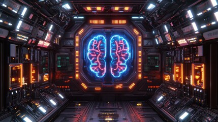 Aufkleber - Futuristic neon brain inside a technological control room.