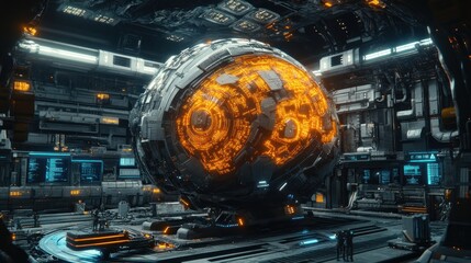 Poster - Futuristic sphere glowing orange in a high-tech facility with workers.