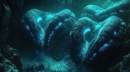 Aufkleber - Glowing, bioluminescent underwater formations resembling ancient skulls in a dark, mysterious cave.