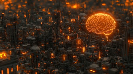 Poster - Glowing brain above futuristic city, AI concept.