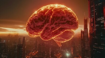 Poster - Glowing brain hovers over futuristic city skyline at sunset.