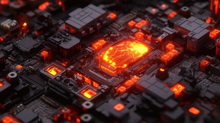 Poster - Glowing brain inside a complex circuit board, representing AI or neural networks.