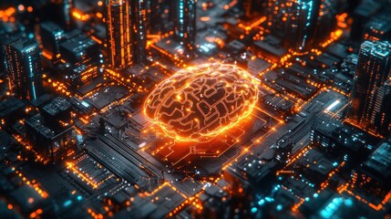 Poster - Glowing brain integrated within a complex circuit board, symbolizing artificial intelligence and technological advancement.
