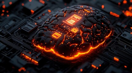 Poster - Glowing brain integrated into circuit board, representing AI and neural networks.