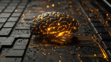 Aufkleber - Glowing brain model on circuit board; artificial intelligence concept.