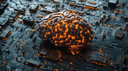 Aufkleber - Glowing brain model on circuit board, representing AI, technology, and intelligence.