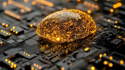 Aufkleber - Glowing brain model on circuit board, representing artificial intelligence and neural networks.