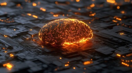 Aufkleber - Glowing brain on a circuit board, representing AI and neural networks.